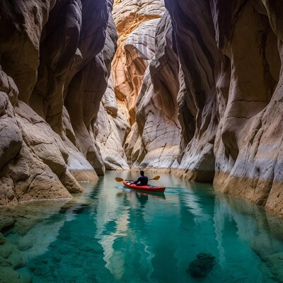 Man kayaking in turquoise slot canyon
