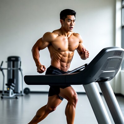 Asian man running on treadmill