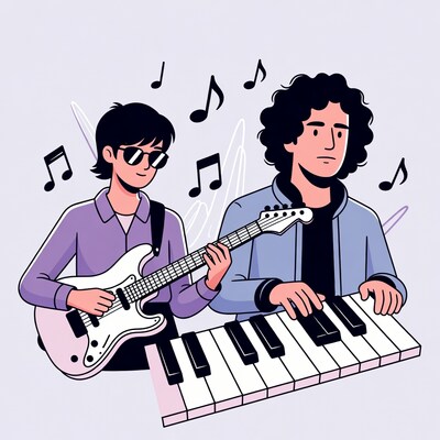 Two men playing guitar and keyboard