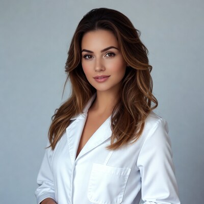 Beautiful woman in white lab coat