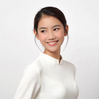 Asian woman smiling in white cheongsam