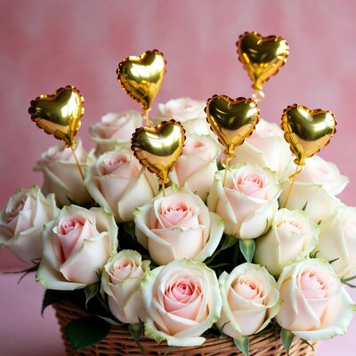 Pink Roses Bouquet with Gold Heart Balloons