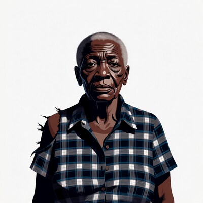 Elderly African man in torn plaid shirt