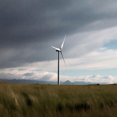 Wind turbine in grassy field with mountains