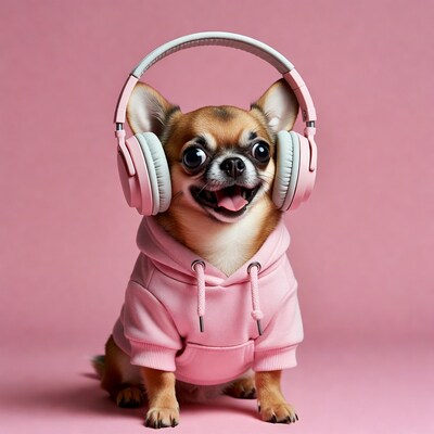 Chihuahua wearing headphones and hoodie