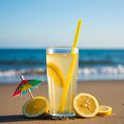 Lemonade glass on beach with umbrella
