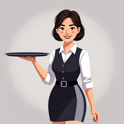 Asian waitress holding tray