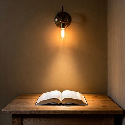 Open book on wooden table under lamp