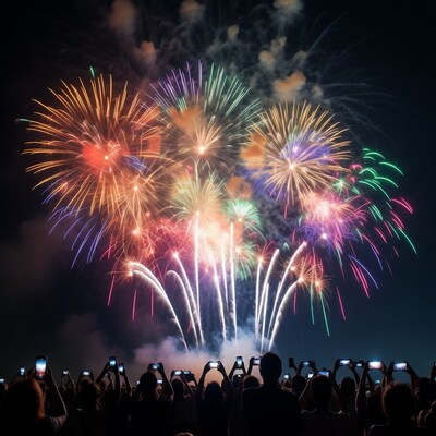 Crowd filming colorful fireworks display