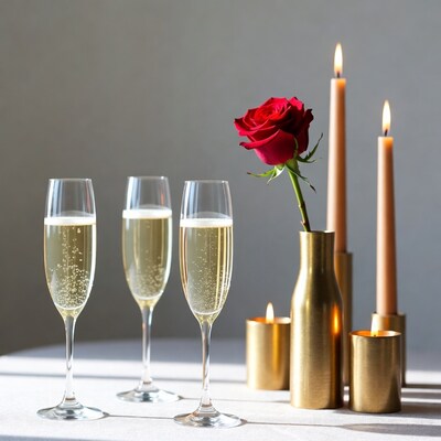 Champagne glasses with rose and candles