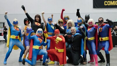 Group superhero cosplayers at comic con