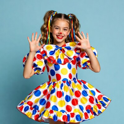 Girl in colorful clown costume waving