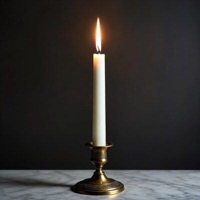 Burning Candle on Brass Candlestick