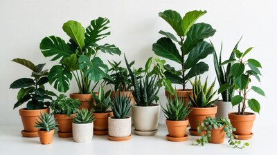 Variety of houseplants in terracotta pots