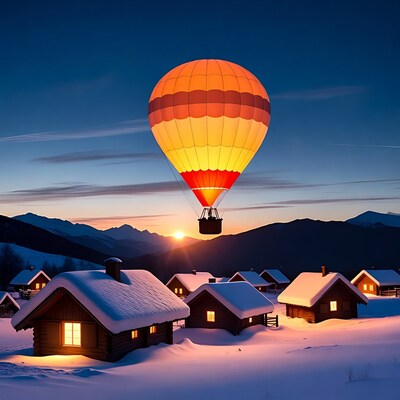 Hot Air Balloon over Snowy Mountain Village