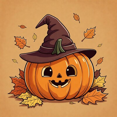 Smiling Jack-o-Lantern Wearing Witch Hat