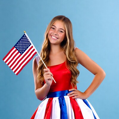 Girl holding American flag in patriotic dress