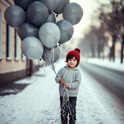 Boy holding gray balloons in snow