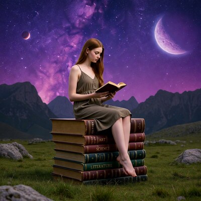 Redhead girl reading on stack of books