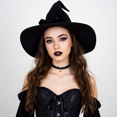 Young woman in witch hat and corset