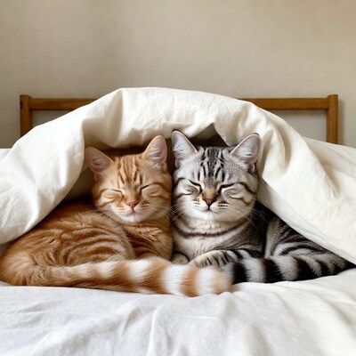 Orange and gray kittens sleeping under blanket