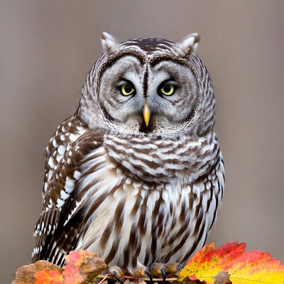 Barred Owl on Autumn Leaves