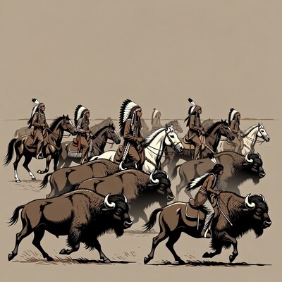 Indigenous warriors hunting buffalo on horseback
