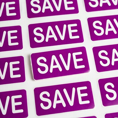 Purple SAVE Stickers on White Background