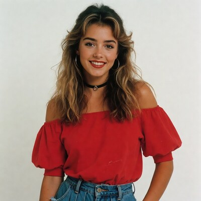 Smiling woman in red off-shoulder top