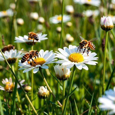 Bees pollinating white daisies in field