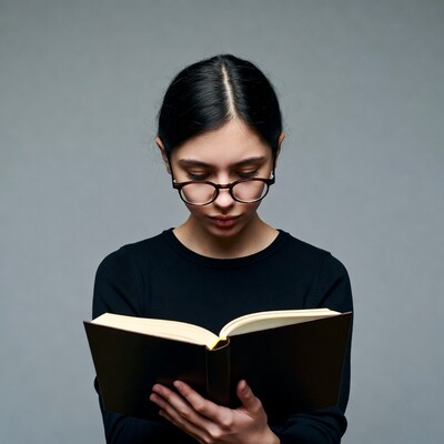 Asian woman reading book in glasses