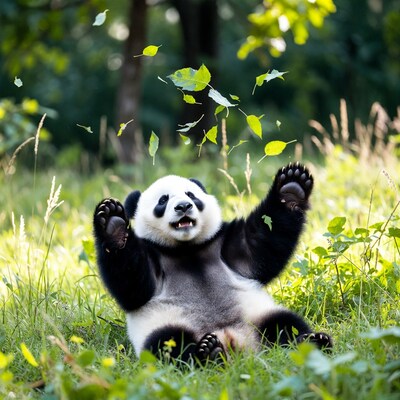 Panda raising paws in grass