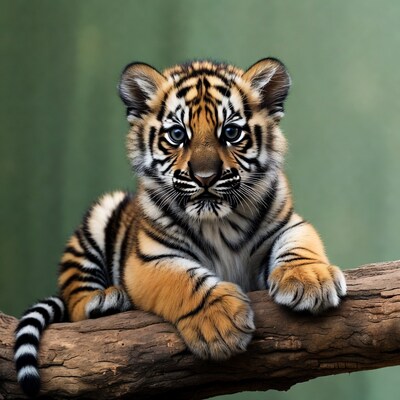 Baby tiger cub on log