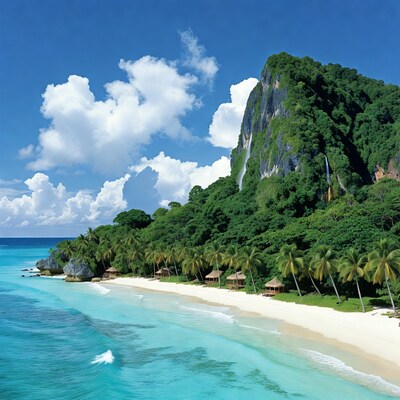 Tropical beach with waterfall and bungalows