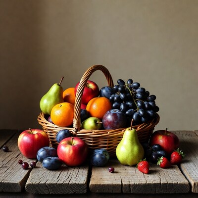 Basket of Fresh Fruits on Wooden Table