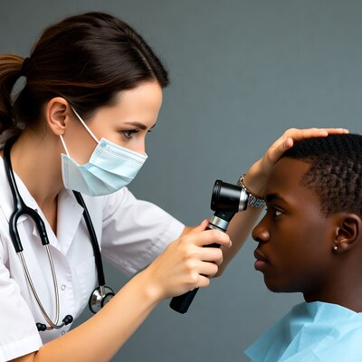 Doctor examining boy's eye with ophthalmoscope