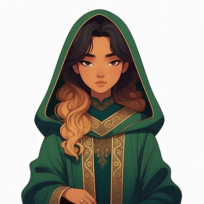 Asian woman in green hooded robe