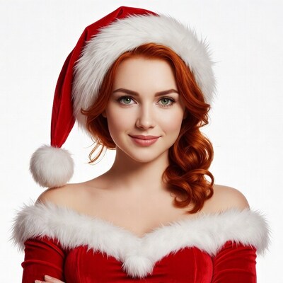 Redhead woman in Santa hat and dress