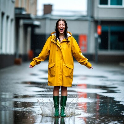 Woman splashing in rainwear on wet street