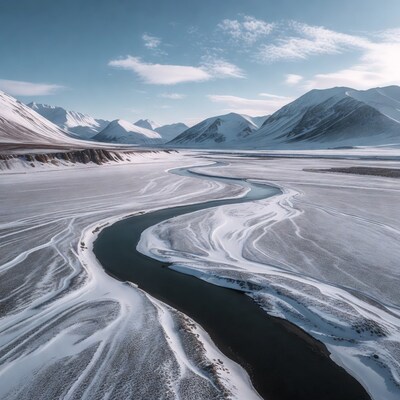 Snowy River Winding Through Mountains
