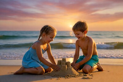 Boy and girl building sandcastle at sunset