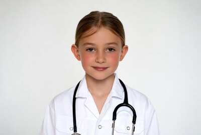 Girl wearing stethoscope in white coat
