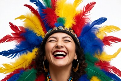 Woman smiling in colorful Carnival headdress