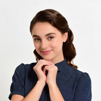Smiling woman with hands under chin