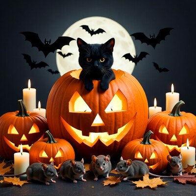 Black Cat in Jack-o-Lantern with Rats
