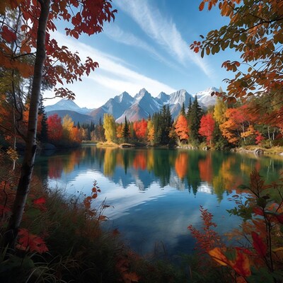 Autumn Lake with Mountains Reflection