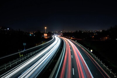 Highway light trails at night