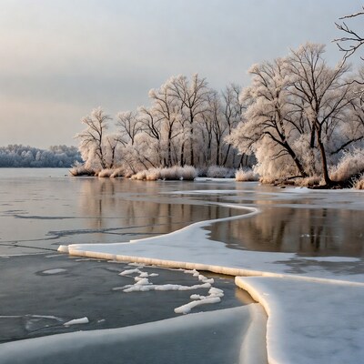 Frosty Trees by Frozen Lake