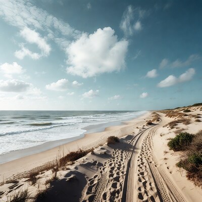 Footprints and Tire Tracks on Beach Dunes