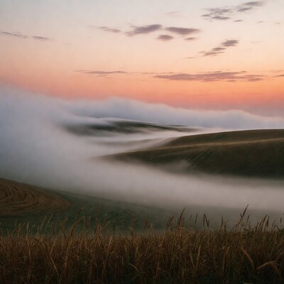 Foggy hills at sunset with tall grass